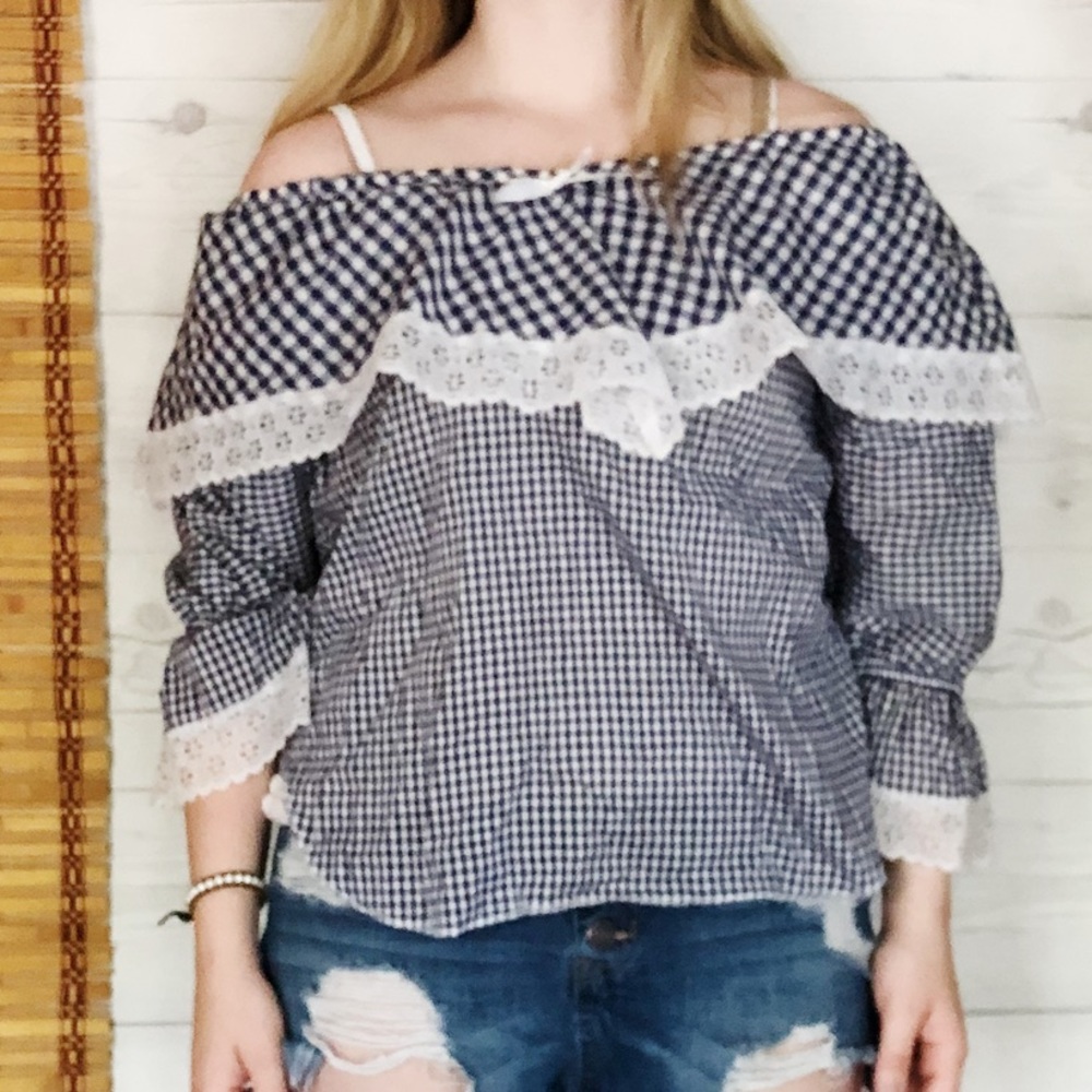 Vintage Off Shoulder Checkered Shirt Western Top Gingham Small